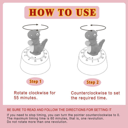 60 Minutes Mechanical Kitchen Timer,Cute Dinosaur Timer for Kids,Wind Up Egg Timer for Cooking,Reading,Classroom and Do Sports. (Pink)