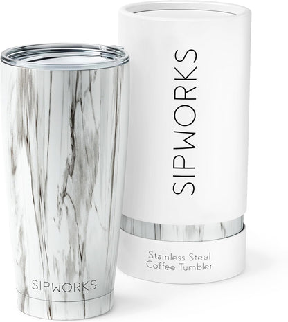 Stainless Steel Coffee Tumbler: Double-Wall Vacuum Insulated Spill-proof Travel Mug Metal Coffee Cup with Lid, 20-Ounce White Marble