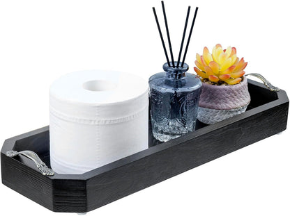 MyGift 16 Inch Modern Matte Black Toilet Tank Tray, Bathroom Sink Counter Solid Wood Octagonal Organizer with Aged Bronze Metal Handles, Wooden Vanity Storage Decor