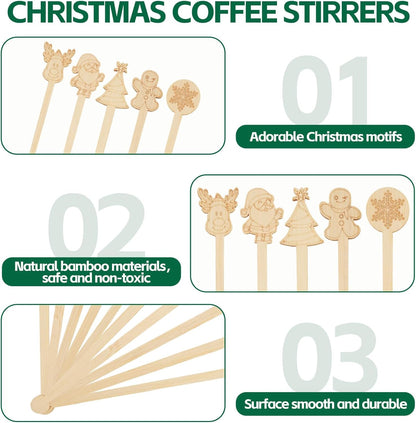60 PCS Christmas Bamboo Coffee Blender 7 Inch Bamboo Blender Cocktail Blender Biodegradable Disposable Drink Mixer for Christmas Office Milk Cocktail Tea Party Supplies (50)