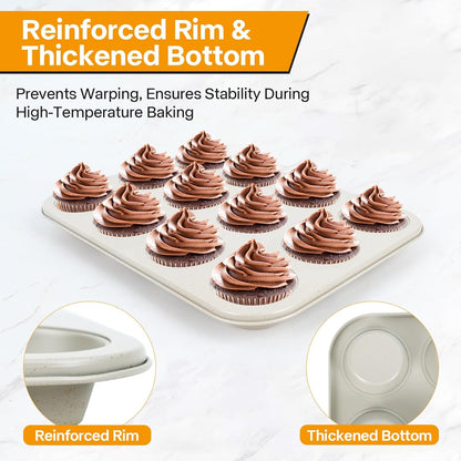 2-Pack Healthy Baking Cupcake Pan| Non Stick 12-Cup Muffin Pan | Durable & Easy Clean Muffin Tin | Perfect for Cupcakes, Muffins (Beige)
