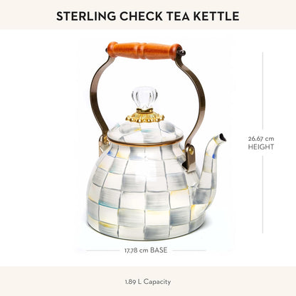 MACKENZIE-CHILDS Enamel Tea Kettle, Stylish Tea Kettle for Stovetop, Grey-and-White Sterling Check, 2 Quarts