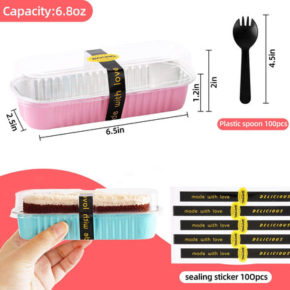 Mini Loaf Pans with Lids and Spoons Sealing Sticker,120 Pcs 6.8oz Cake Pans for Baking Disposable Aluminum Foil Red cake pan (mixed)