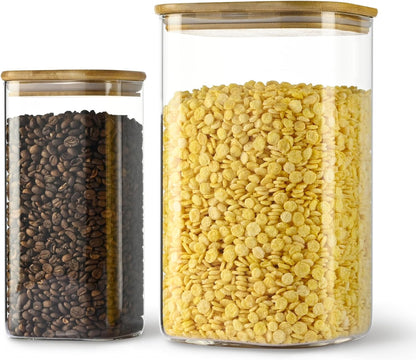 156oz 52oz Airtight Glass Square Storage Canister with Bamboo Lid Set of 2(4600ml*1 1550ml*1) Large Gallon Glass Jars for Sugar, Flour, Cookies and Coffee beans (‎with Black Lable)