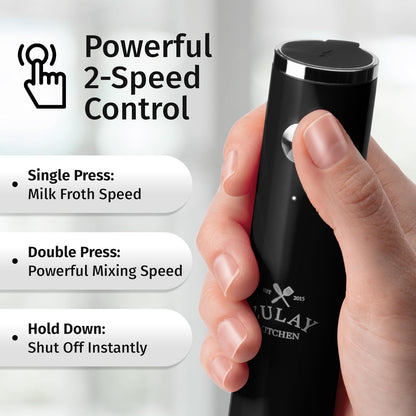 Zulay Kitchen Lux Rechargeable Milk Frother Handheld - Powerful 2-Speed Motor, Fully Waterproof, 2000mAh Battery - Drink Mixer For Latte, Cappuccino, Matcha, Protein Powder - Black