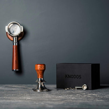 58mm Gaggia Espresso Accessories Kit –Rosewood Naked Portafilter, Auto-Level Espresso Press, Ground Distribution Tool, Wooden Barista Holder & Coffee Puck Knock Bin