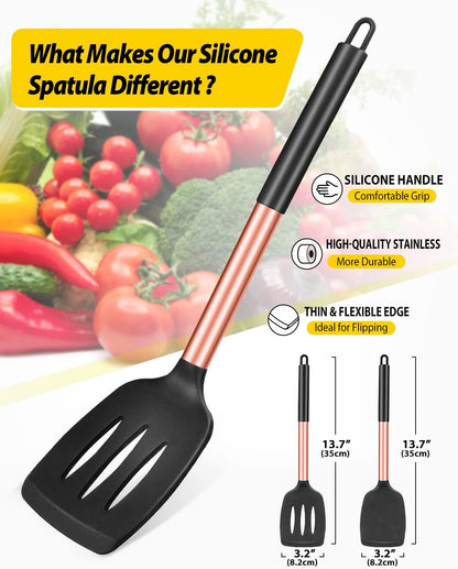 Pack of 2 Silicone Solid Turner, Non Stick Slotted Kitchen Spatulas, High Heat Resistant BPA Free Cooking Utensils, Ideal Cookware for Fish, Eggs, Pancakes(Rose Gold Black)