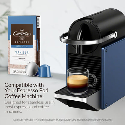 Camilla’s Heritage - Intensity 8 Vanilla Flavored Espresso Coffee, Gourmet Espresso Cups, 60 Coffee Pods