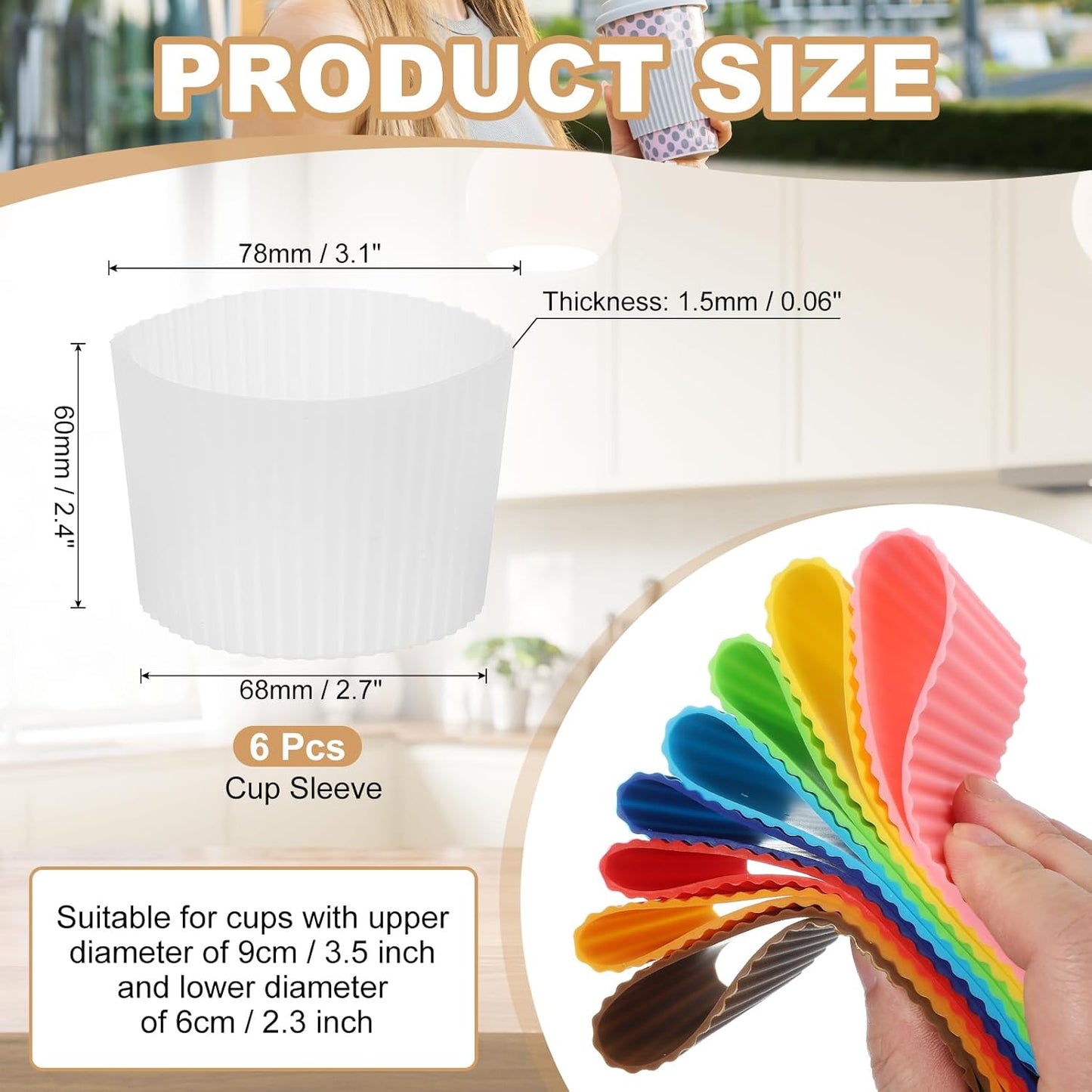 uxcell 6Pack Coffee Cup Sleeves, Reusable Silicone Heat Resistant Cup Protective Sleeve Nonslip Mug Protector Cover for Home Travel Coffee Mug Glasses Water Bottle Boots, Clear