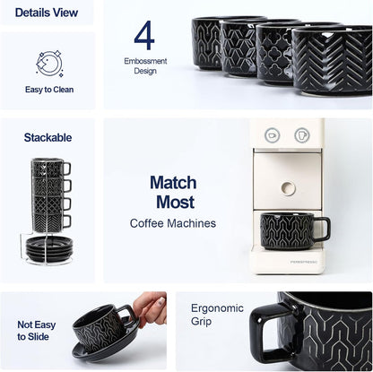 Sureasy Ceramic Espresso Cups Set of 4 – 4 oz Black Stackable Cappuccino Cups with Saucers and Metal Stand, Embossed Mugs for Latte, Mocha, Tea, and Specialty Coffee