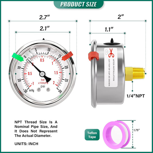 -30inHG-30psi Stainless Steel Glycerin Liquid Filled Vacuum Pressure Gauge 1/4" NPT 2.5" Face Dial Center Back Mount, for Water, Oil and Air Pressure Testing (with Range Mark Pointer)