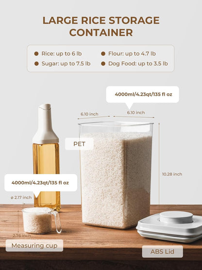 4 Pack Airtight Food Storage Containers with One-Hand Pop Lid, 4.23Qt Rice & Grain Organizer Set with Measuring Scoop, Stackable BPA-Free Kitchen Pantry Bins for Flour, Rice, Cereal, Pet Food