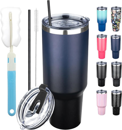 40 oz Tumbler with Lids and Straws, Stainless Steel Insulated Coffee Tumbler, Double Wall Vacuum Insulated Travel Mug Cup, Leakproof Thermal Coffee Cup for Hot and Cold Drinks (Indigo Black)