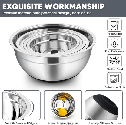 TeamFar Mixing Bowls with Lids Set, 7/3.5/2.5/1.5/1 QT, Stainless Steel Large Metal Salad Nesting Bowl, Non-Slip Silicone Bottom & Airtight Lid, Healthy & Deep - Set of 5(Black)
