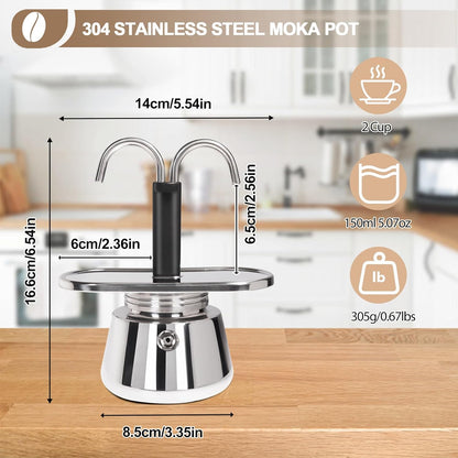 Uncoated 2 Cup Dual Pipe Moka Pot 304 Thickened Stainless Steel Mini Coffee Maker Stovetop Espresso Coffeemaker Italian Classic Style Brewing Greca Cafe Mocha Machine for Camping Travel Home 150ml