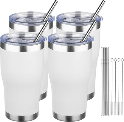 MEZMUT 20oz Coffee Tumbler with Lid and Straw Double Wall Vacuum Insulated Cup Stainless Steel Travel Mugs Insulated for Hot Cold Leakproof Powder Coated Tumbler for Indoor Outdoor(White, 4)