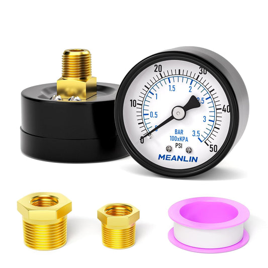 MEANLIN MEASURE 0-50Psi 2" DIAL FACE 1/4" NPT Well Pump Pressure Gauge, with 1/2" NPT and 3/8" NPT Hex Bushing, 3-2-3% Accuracy, Center Back Mount