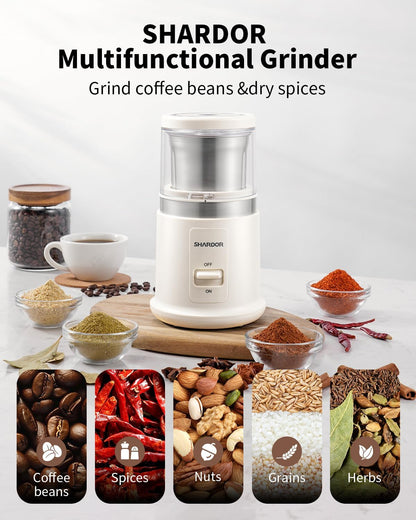 SHARDOR One Touch Coffee Grinder Electric, Spice, Herb, For Coffee Bean Spices and Seeds with 1 Removable Stainless Steel Bowl, Dry Grinder, White