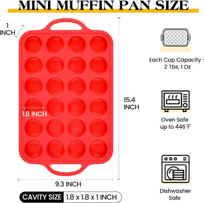 Silicone Mini Muffin Pan With Stainless Steel Reinforced Frame 24 Cups Nonstick Cupcake Molds for Baking Silicone Muffin Tray with Handles(1 Pc, Red)