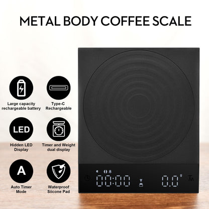 Rechargeable Mini Coffee Scale with Timer,FSJCOFFEE Espresso Scale Metal Body 2kg/0.1g Precision Coffee Scale, for Pour-Over Coffee,Portable Digital Kitchen Scale, Food Scale with Auto Timer (Black)