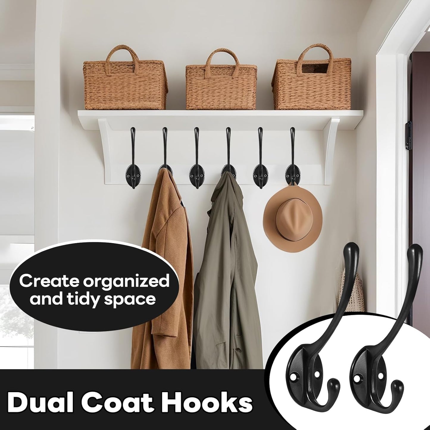 Wall Hooks for Hanging, 15-Pack Heavy Duty Metal Coat Hooks, for Living Room, Bathroom, Kitchen, Bedroom for Coat, Towel, Hat, Key, Closet, Bag (Black)