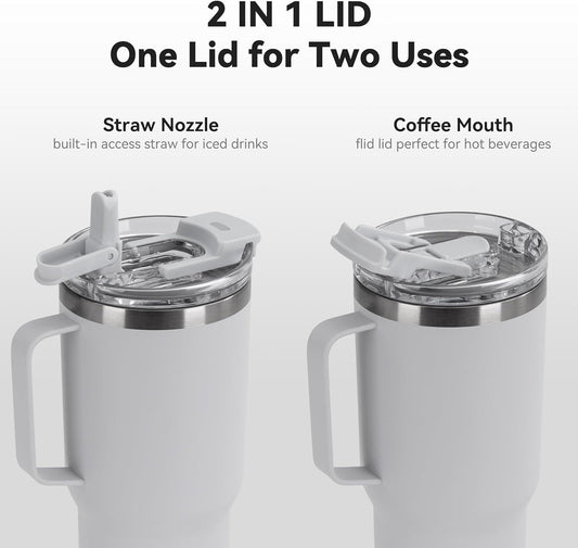 30oz Tumbler with Handle, Insulated Leak Proof Coffee Travel Mug with Straw Lid Double Wall Stainless Steel Vacuum Tumblers Metal Cup Keep Hot and Iced Drink for Gym, Office, Camping, White 1 Pack