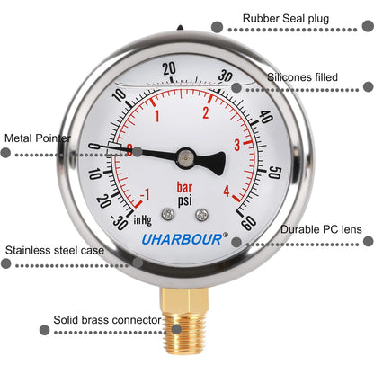 Glycerin Filled Pressure Gauge with 304 Stainless Steel Case, 2.5" Dial Size, 30InHg/60psi, High Accuracy, 1/4" NPT Center Lower Mount…