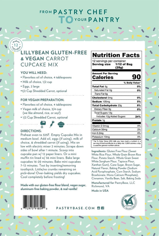 LillyBean Gluten Free Moist Carrot Cake and Cupcake Mix with No Artificial Colors - Dairy and Soy Free, Vegan - Makes Delicious Desserts - Cakes, Donuts, Cake Pops - 12 oz