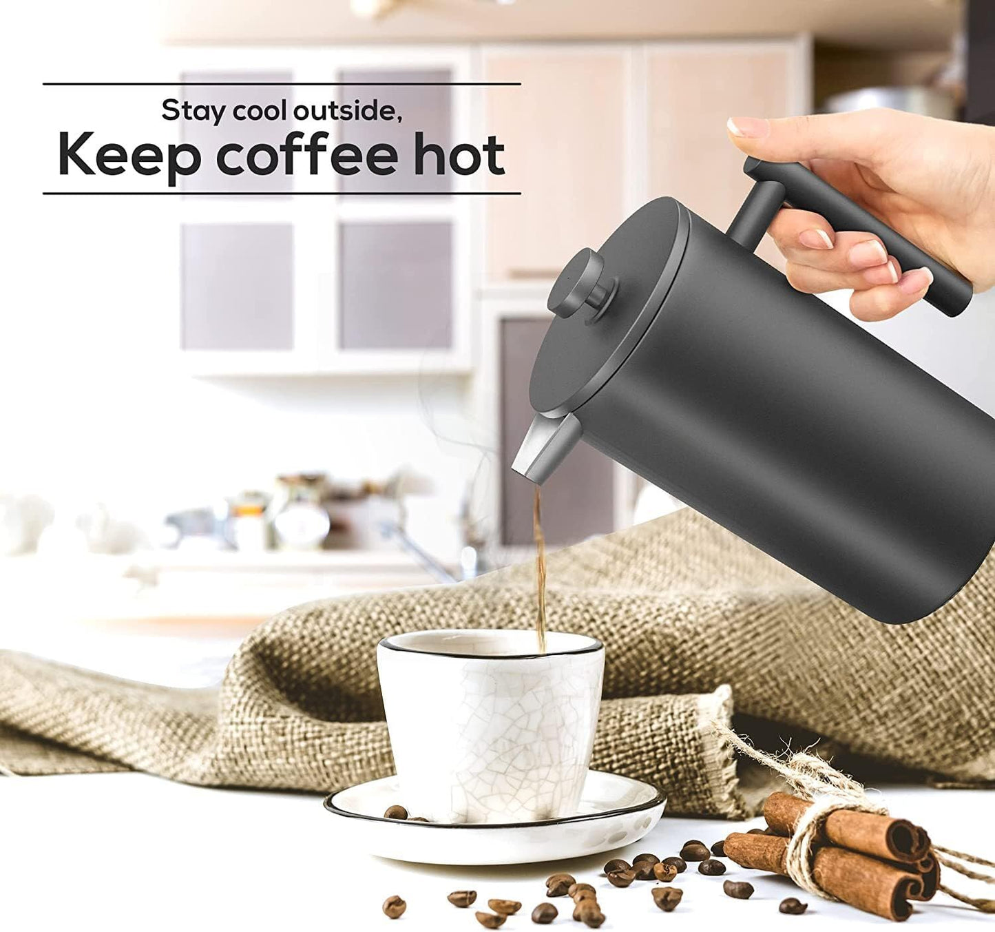 French Press Coffee Maker,Stainless Steel Double Wall Insulated Coffee Press 34 oz,4-8 Cups, Portable Hot Cold Brew Teapot Cafetera for Coffee Bar Accessories Kitchen Camping (Black,34oz)