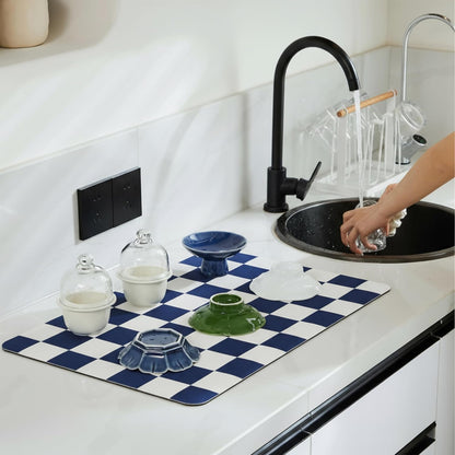 Checkered Dish Drying Mat for Kitchen Counter, Coffee Bar Station Accessories, Retro Cute Aesthetic Modern Absorbent Drainer Mat Kitchen Drying Mat Easy Clean (Navy Blue, 19" x 12")