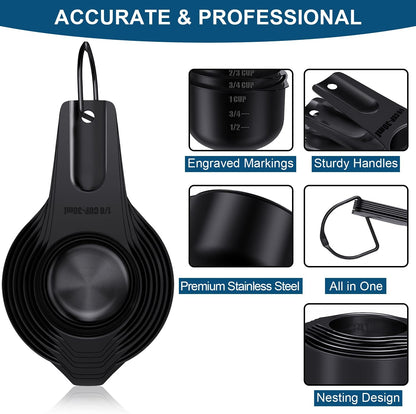 Wildone Black Measuring Cups & Spoons Set of 21 - Includes 7 Stainless Steel Nesting Measuring Cups, 8 Measuring Spoons, 1 Leveler & 5 Mini Measuring Spoons, Ideal for Dry & Liquid Ingredients