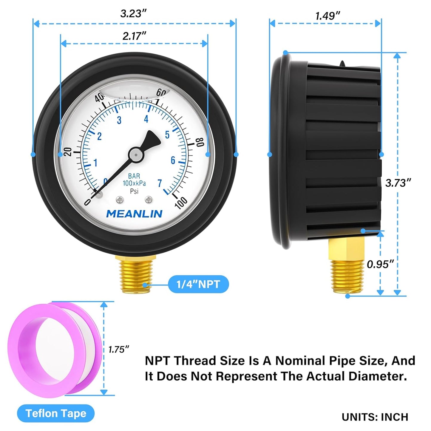 MEANLIN MEASURE 0~100Psi Stainless Steel Liquid Filled Pressure Gauge 1/4" NPT 2.5" FACE DIAL with Rubber Protective Sleeve, Lower Mount