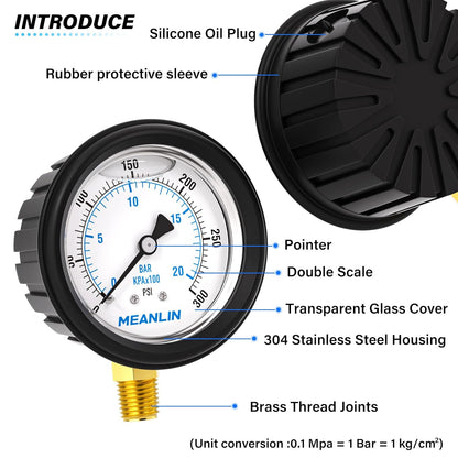 MEANLIN MEASURE 0~300Psi Stainless Steel 1/4" NPT 2.5" FACE DIAL Liquid Filled Pressure Gauge, Lower Mount (with Rubber Protective Sleeve), with 1/2" NPT and 3/8" NPT Hex Bushing