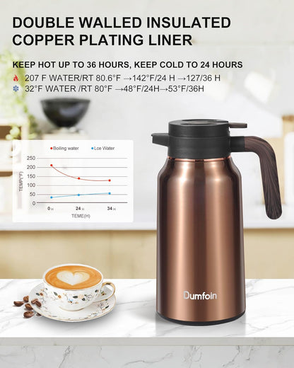 Carafes for Hot Liquids 70 oz - 12 Hour Stainless Steel Thermal Coffee Carafe-Insulated Coffee Carafes For Keeping Hot/Cold Coffee, Tea, Water, Drink Dispenser for Parties(2 gold)