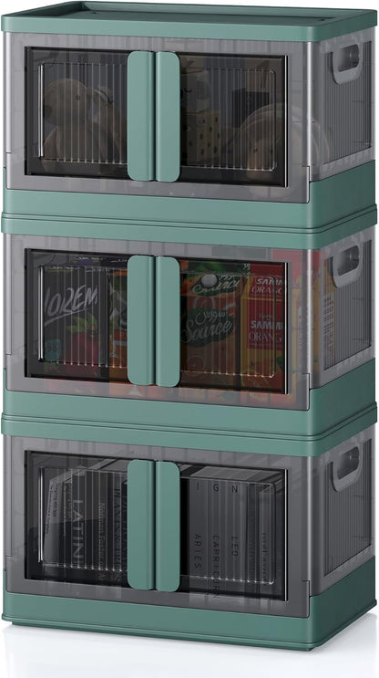 8.4Gal Collapsible Storage Bins with Lids & Wheels - 3 Pack Stackable with Doors, Heavy-Duty Plastic Containers for Home/Office, Green