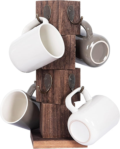 Coffee Mug Holder Tree, Rustic Solid Wood Mug Tree Stand with 8 Hooks, Farmhouse Coffee Cup Holder for Counter, Mug Hanger for Kitchen Organizer, Brown