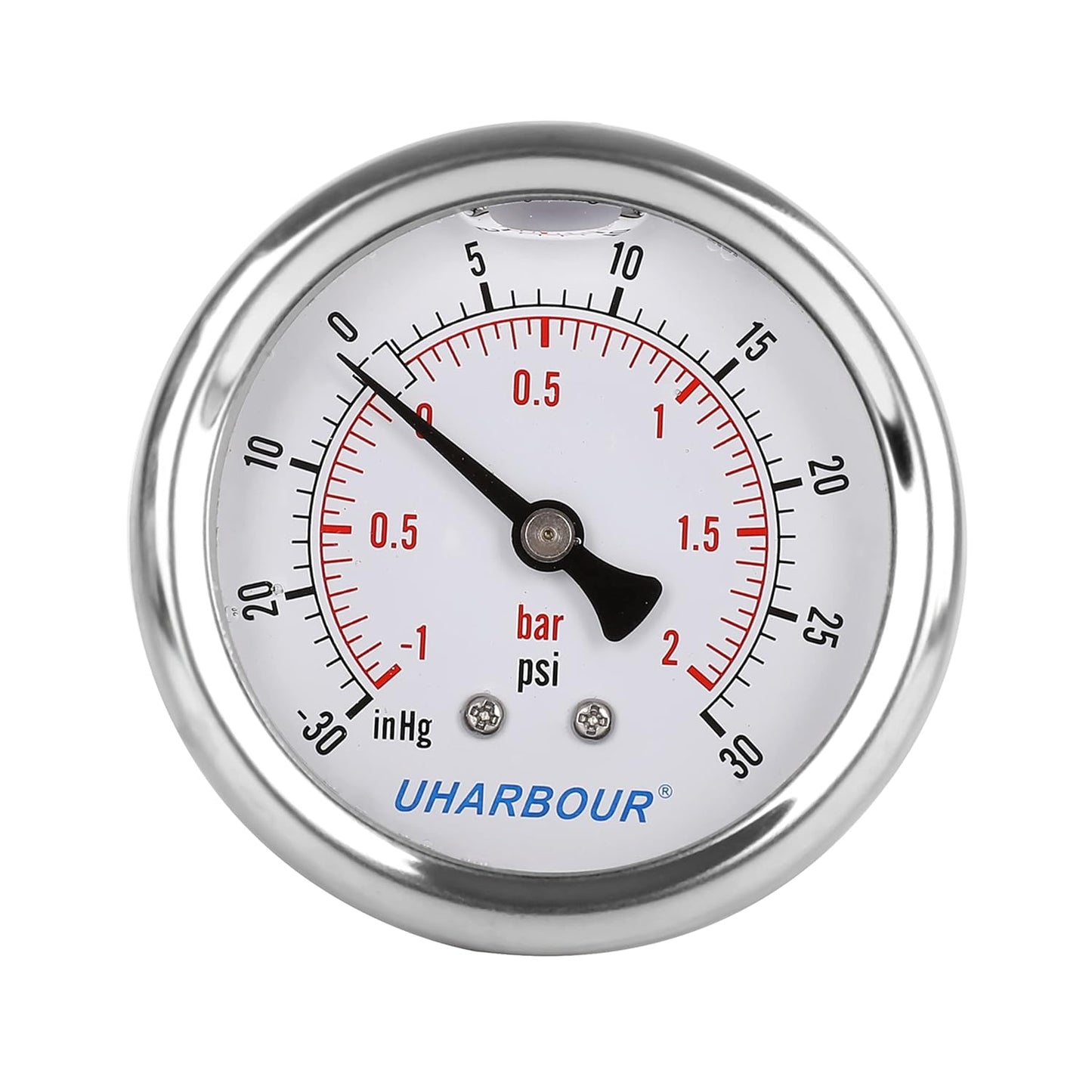 Glycerin Filled Vacuum Pressure Gauge -30HG/30PSI, 2-1/2" Clear dial Vacuum Gauge,1/4" NPT Back Connection, Stainless Steel Case, Brass Movement, Dual Scales