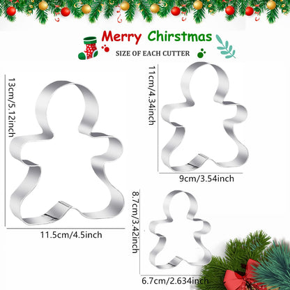 3-Piece Gingerbread Man Cookie Cutter Set, 5.12" x 4.34" x 3.42" - Stainless Steel Holiday Cookie Cutter Shapes for Baking Gifts