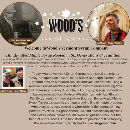 WOOD'S Pumpkin Spice Maple Syrup – Small-Batch Vermont Maple Syrup Infused with Cozy Fall Spices | Natural, Vegan Sweetener for Coffee, Pancakes, Baking & More | 8.45 Fl Oz (250mL)