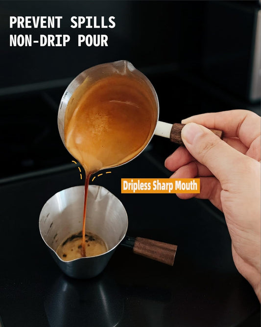 Stainless Steel Espresso Cup - Espresso Shot Cup with Wooden Handle -Measuring Cup with Double Spouts - 4.1OZ/120ML, Black