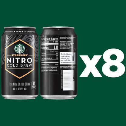 Starbucks Nitro Cold Brew Coffee, Black Unsweetened, 9.6 fl oz Cans (8 Pack), Iced Coffee, Cold Brew Coffee, Coffee Drink