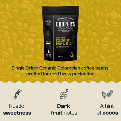 Colombian Dark Roast, Single Origin, Gourmet Organic Cold Brew Coffee Beans, Smooth Taste of Cocoa with Light Fruited Flavors, Cold Brew Coffee Grounds, 1 lb Coffee Bag