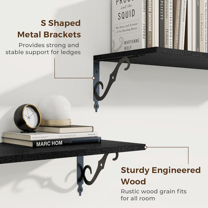 RICHFOCUS 12 Inch Deep Floating Shelves for Wall, 24" W x 12" D Black Wood Wall Shelves Set of 2, Wide Floating Shelves for Living Room, Bedroom, Kitchen, Bathroom and Decor Storage, Black