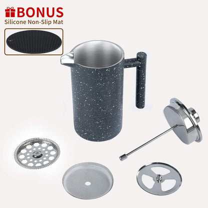French Press Coffee Maker 34oz with Double-Insulated Stainless Steel Large Metal Coffee Press with 3 Layer Filtration System for Ultimate Coffee Tea Brewing in Travel Camping or Home