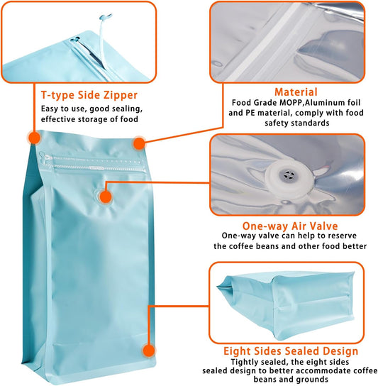 Coffee Bags with Valve (50 PCS,8oz/0.5lb) Blue High Barrier Aluminum Foil Flat Bottom Standing Coffee Beans Storage Packaging Bags, Reusable Heat Seal Side Zipper Pouches for Small Business and Home