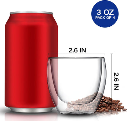 Set of 4 Double Walled Glass Coffee Mugs 3 Ounces Insulated Layer Coffee Cups Borosilicate Glass Espresso Cup for Hot Beverage,Cappuccino,Tea,Latte,Wine,Microwave Safe