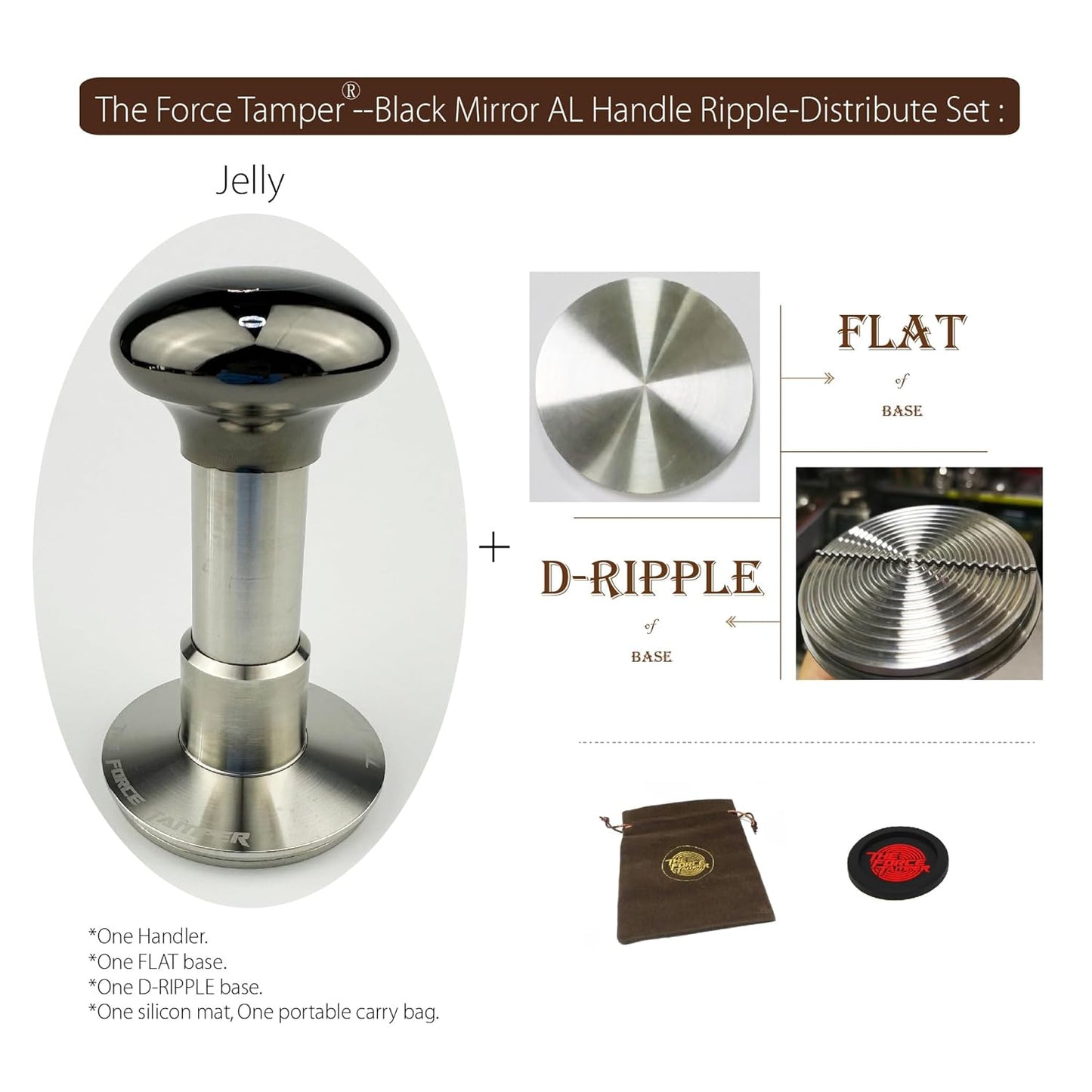 The Force Tamper Automatic Impact Adjustable Constant Pressure and Autoleveling Coffee Tamper Black Mirror Jellyfish AL Handle Set Pro (Ripple-Distribute, 58.35mm)