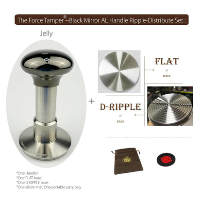 The Force Tamper Automatic Impact Adjustable Constant Pressure and Autoleveling Coffee Tamper Black Mirror Jellyfish AL Handle Set Pro (Ripple-Distribute, 53.50mm)