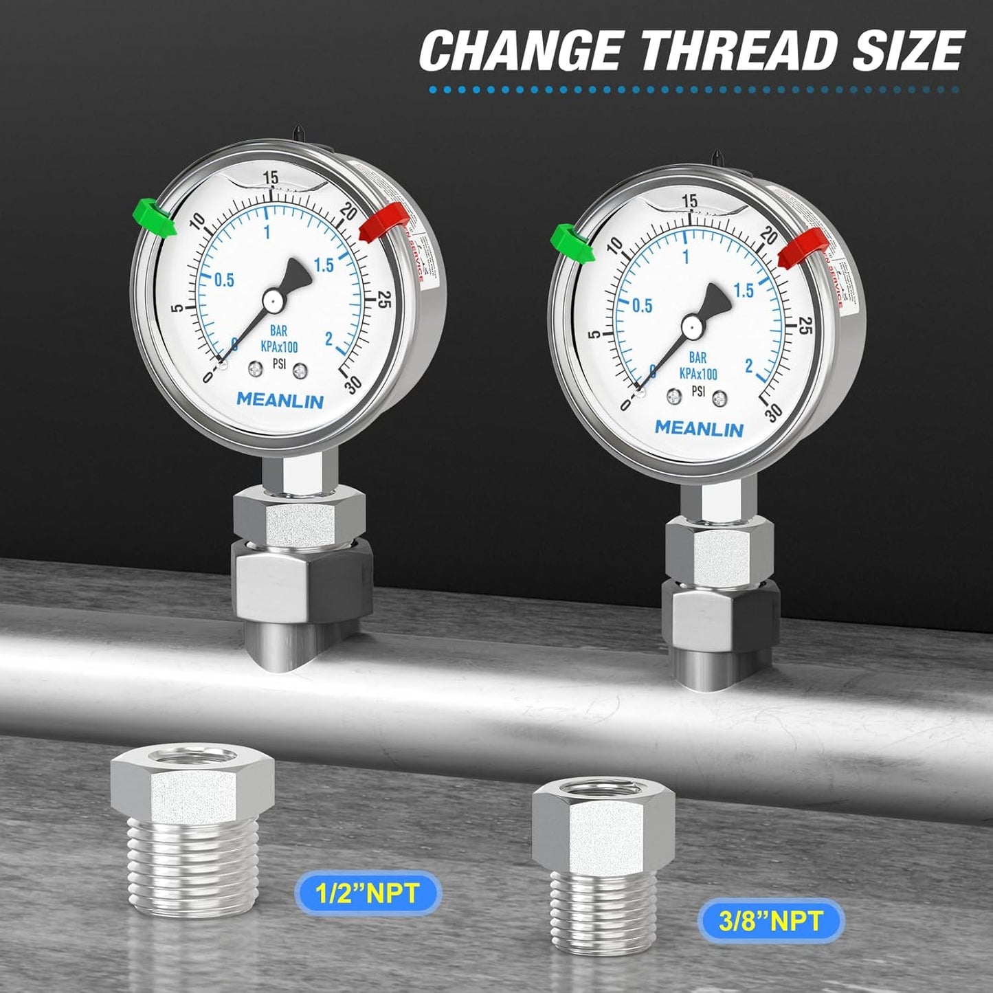MEANLIN MEASURE 0~30Psi Stainless Steel Liquid Filled Pressure Gauge 2.5" FACE DIAL 1/4" NPT for Pool Sand Filter Water Oil Air Pressure Test Lower Mount with Stainless Steel Hex Bushing and Snaps