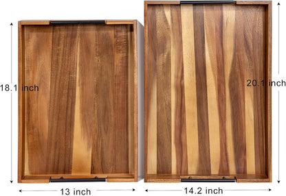 Extra-Large Wooden Tray Set of 2, (20.1'' + 18.1'') Serving Tray with Metal Handles, Rectangle Rustic Serving Trays for Breakfast, Used in Kitchen Counter, Coffee Table, Bedroom, Living Room